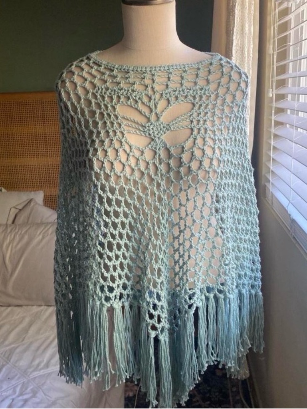 Light Blue Crochet Fringe Cape Poncho - Women’s Outerwear